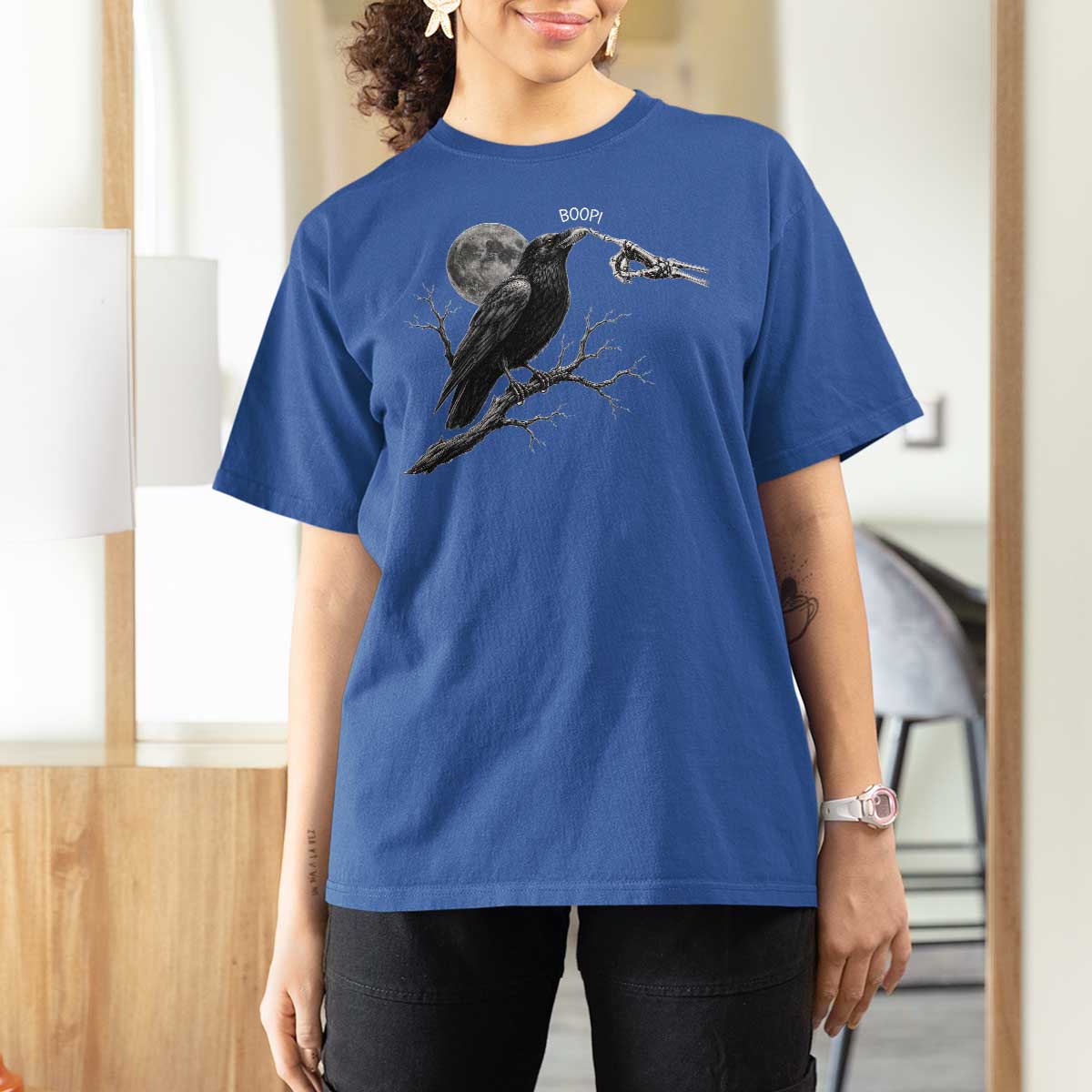 Skeleton Hand Boop Raven T Shirt For Women Funny Spooky Halloween Crow Moon Graphic
