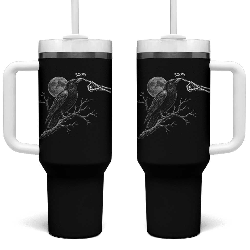 Skeleton Hand Boop Raven Tumbler With Handle Funny Spooky Halloween Crow Moon Graphic