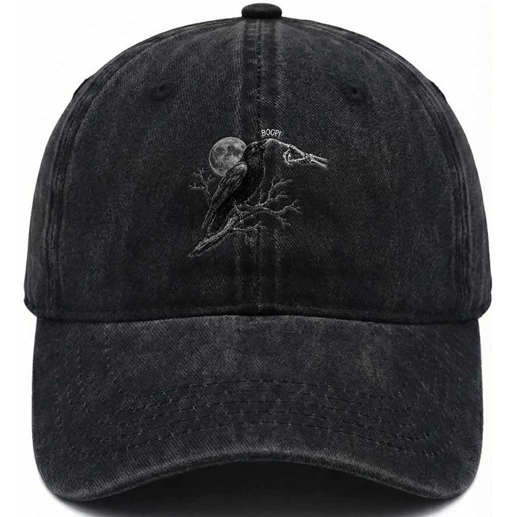 Skeleton Hand Boop Raven Washed Cotton Baseball Cap Funny Spooky Halloween Crow Moon Graphic