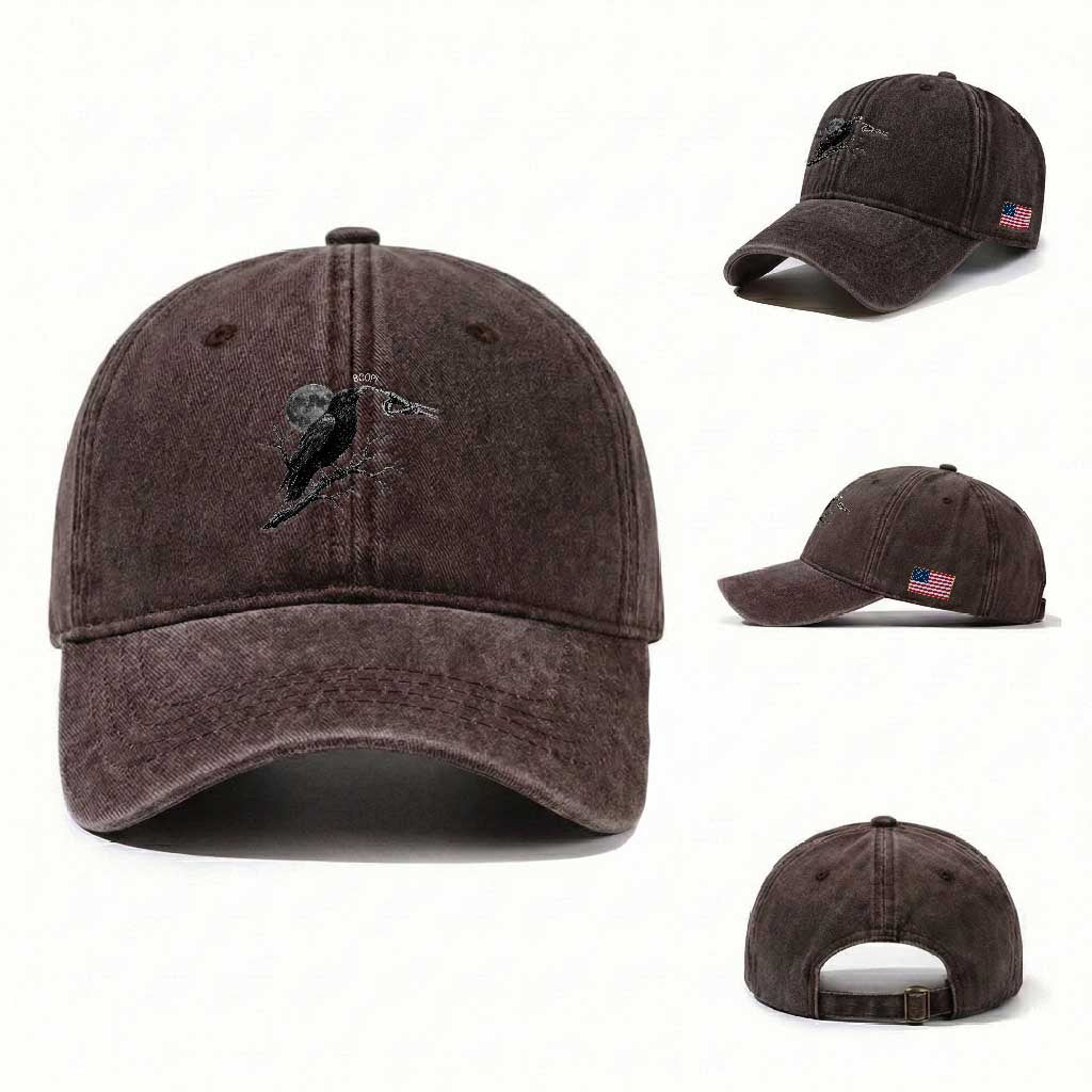 Skeleton Hand Boop Raven Washed Cotton Baseball Cap Funny Spooky Halloween Crow Moon Graphic