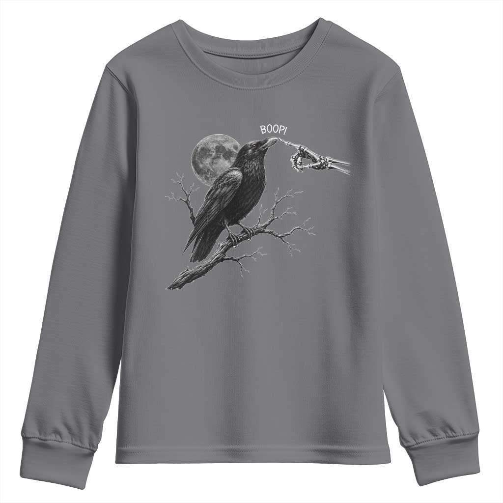 Skeleton Hand Boop Raven Youth Sweatshirt Funny Spooky Halloween Crow Moon Graphic