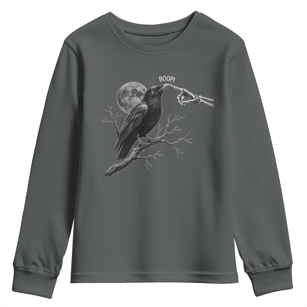 Skeleton Hand Boop Raven Youth Sweatshirt Funny Spooky Halloween Crow Moon Graphic