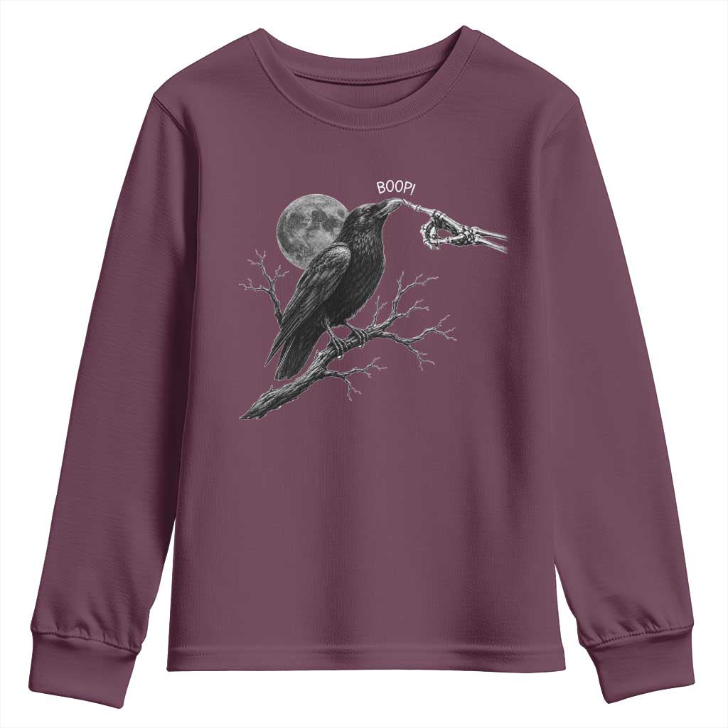 Skeleton Hand Boop Raven Youth Sweatshirt Funny Spooky Halloween Crow Moon Graphic