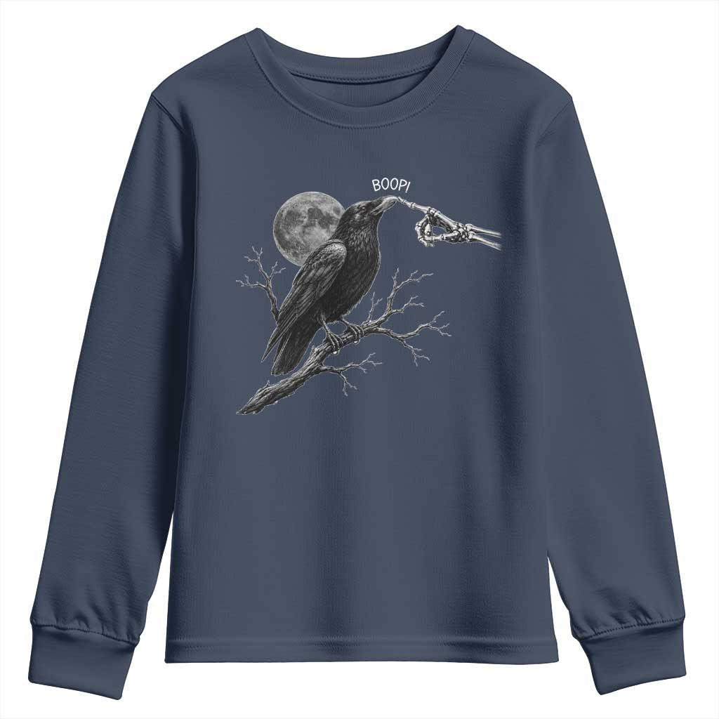 Skeleton Hand Boop Raven Youth Sweatshirt Funny Spooky Halloween Crow Moon Graphic
