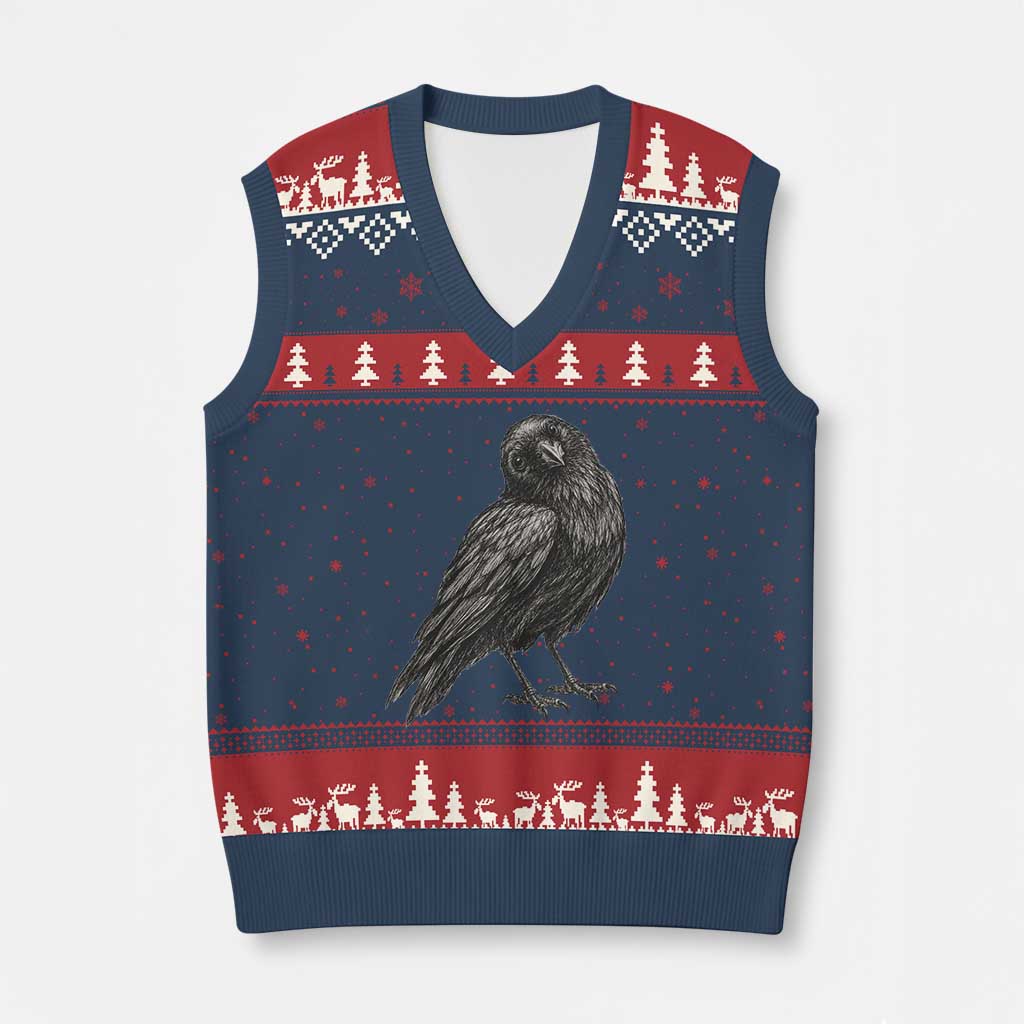 Curious Raven Crow V-Neck Knit Sweater Vest Vintage Dark Academia Gothic Black Bird Graphic