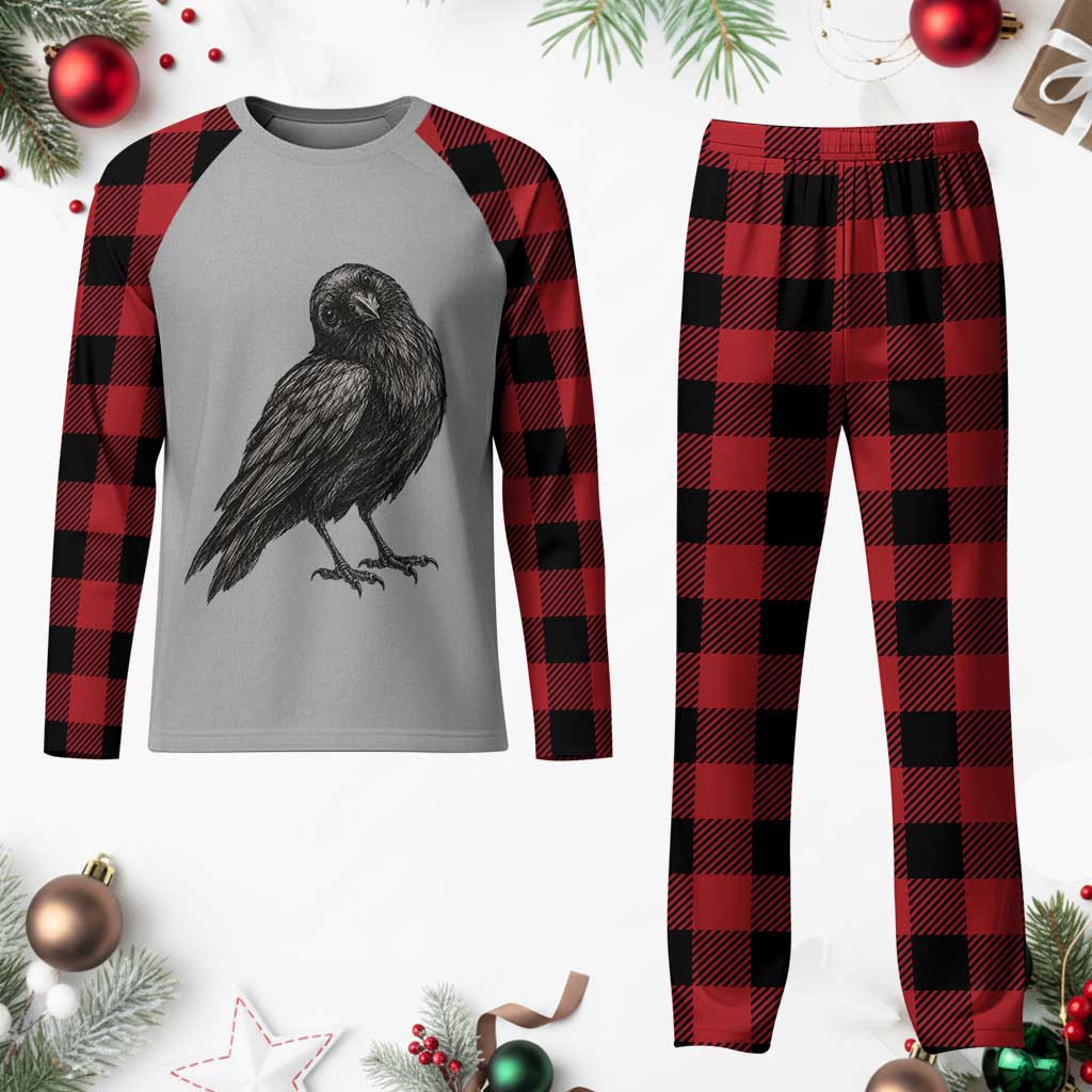 Curious Raven Crow Plaid Pajama Set Vintage Dark Academia Gothic Black Bird Graphic
