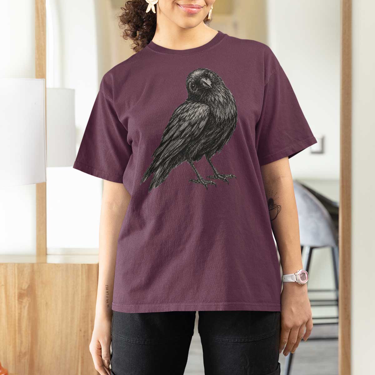 Curious Raven Crow T Shirt For Women Vintage Dark Academia Gothic Black Bird Graphic
