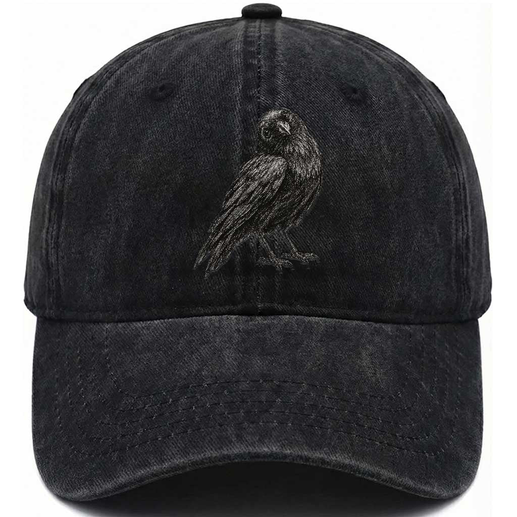 Curious Raven Crow Washed Cotton Baseball Cap Vintage Dark Academia Gothic Black Bird Graphic