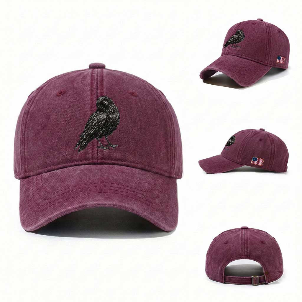 Curious Raven Crow Washed Cotton Baseball Cap Vintage Dark Academia Gothic Black Bird Graphic