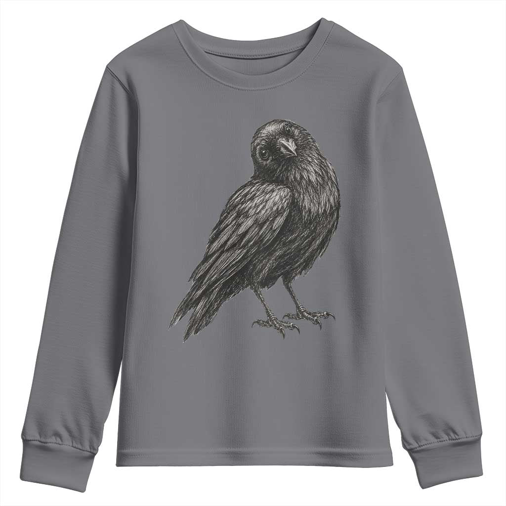 Curious Raven Crow Youth Sweatshirt Vintage Dark Academia Gothic Black Bird Graphic