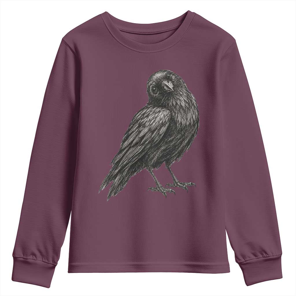 Curious Raven Crow Youth Sweatshirt Vintage Dark Academia Gothic Black Bird Graphic