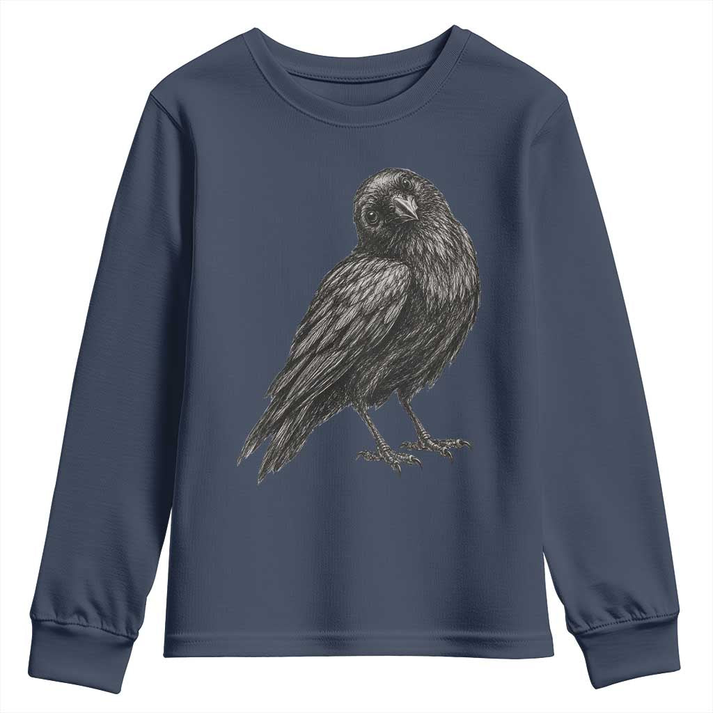 Curious Raven Crow Youth Sweatshirt Vintage Dark Academia Gothic Black Bird Graphic
