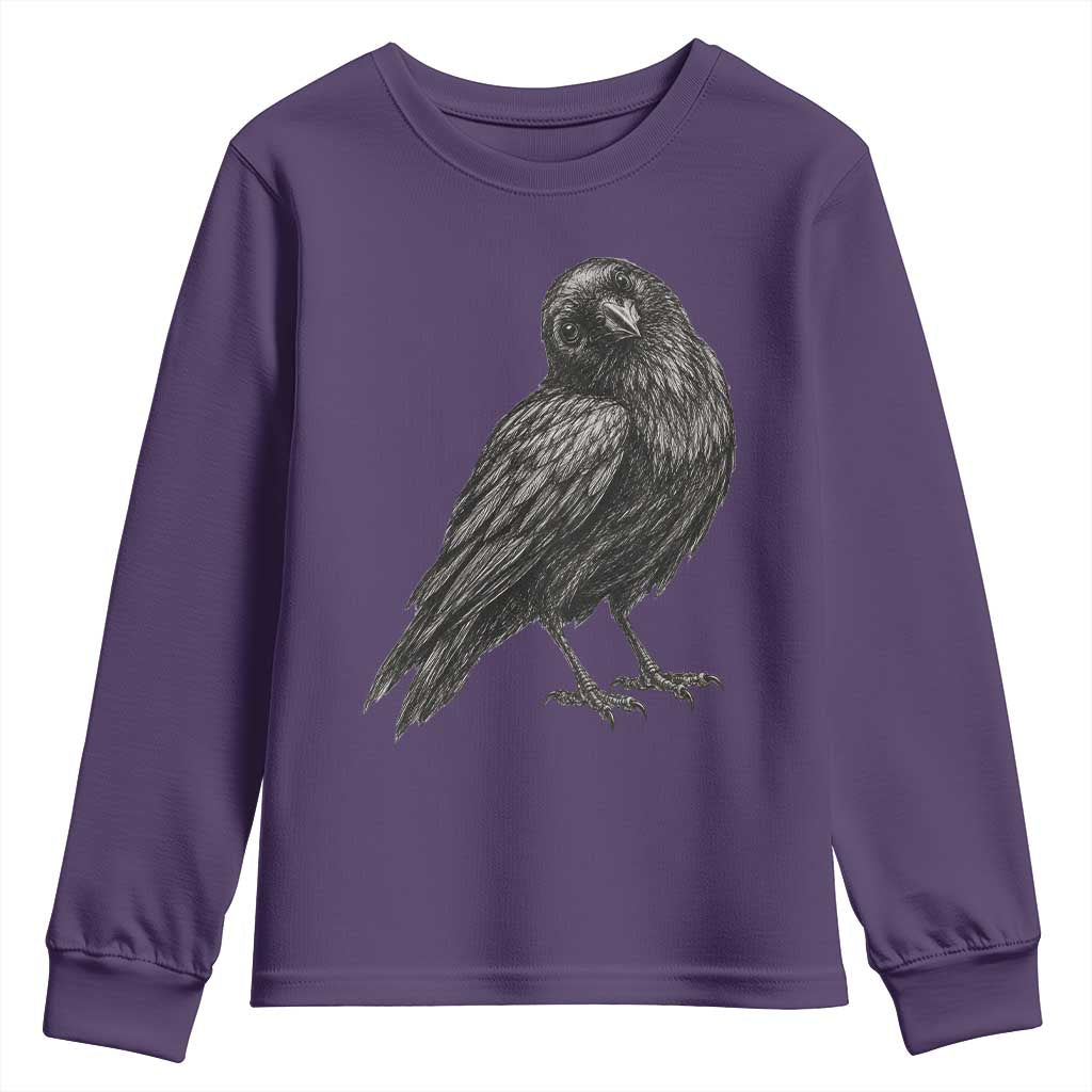 Curious Raven Crow Youth Sweatshirt Vintage Dark Academia Gothic Black Bird Graphic