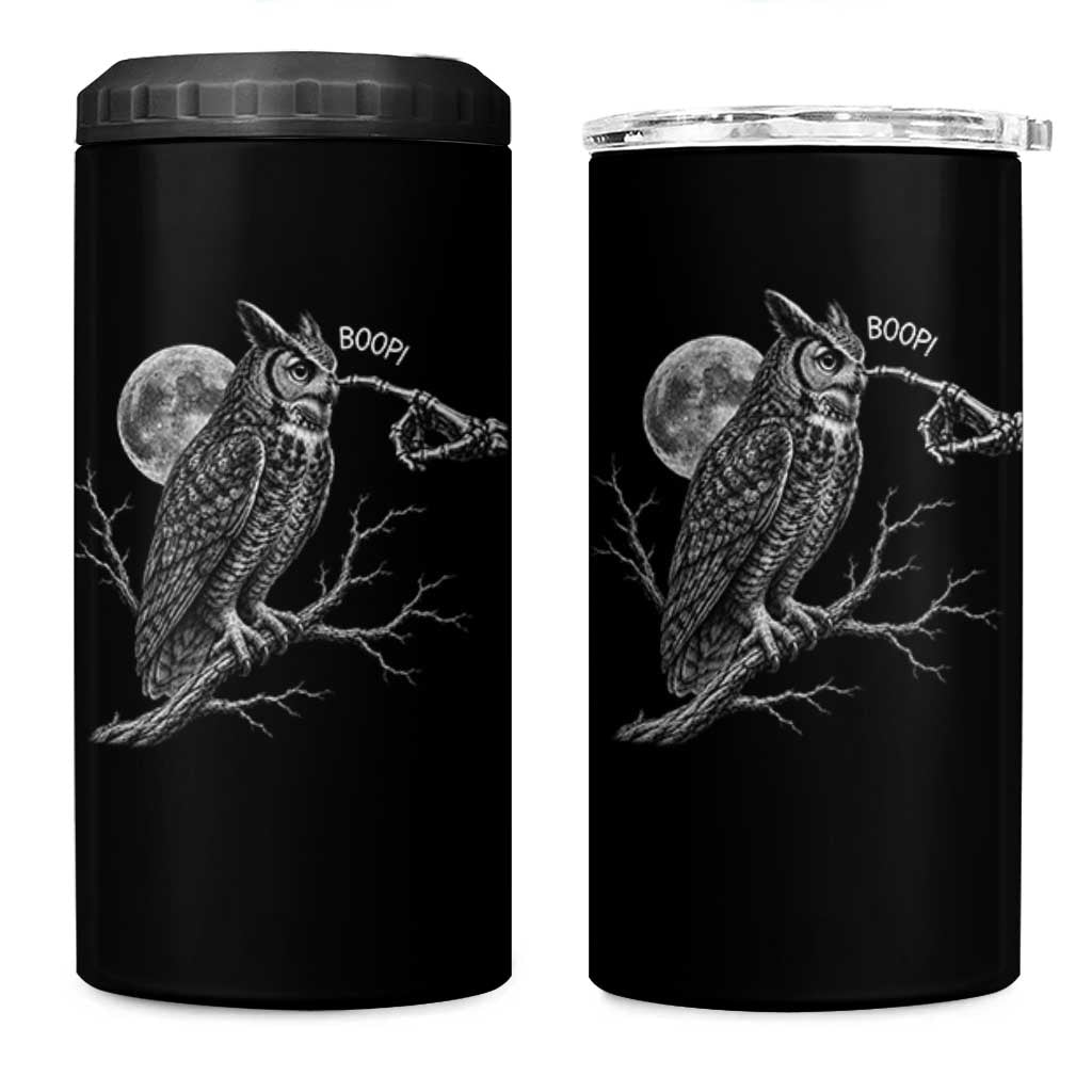 Skeleton Hand Boop Owl 4 in 1 Can Cooler Tumbler Funny Spooky Halloween Moon Graphic