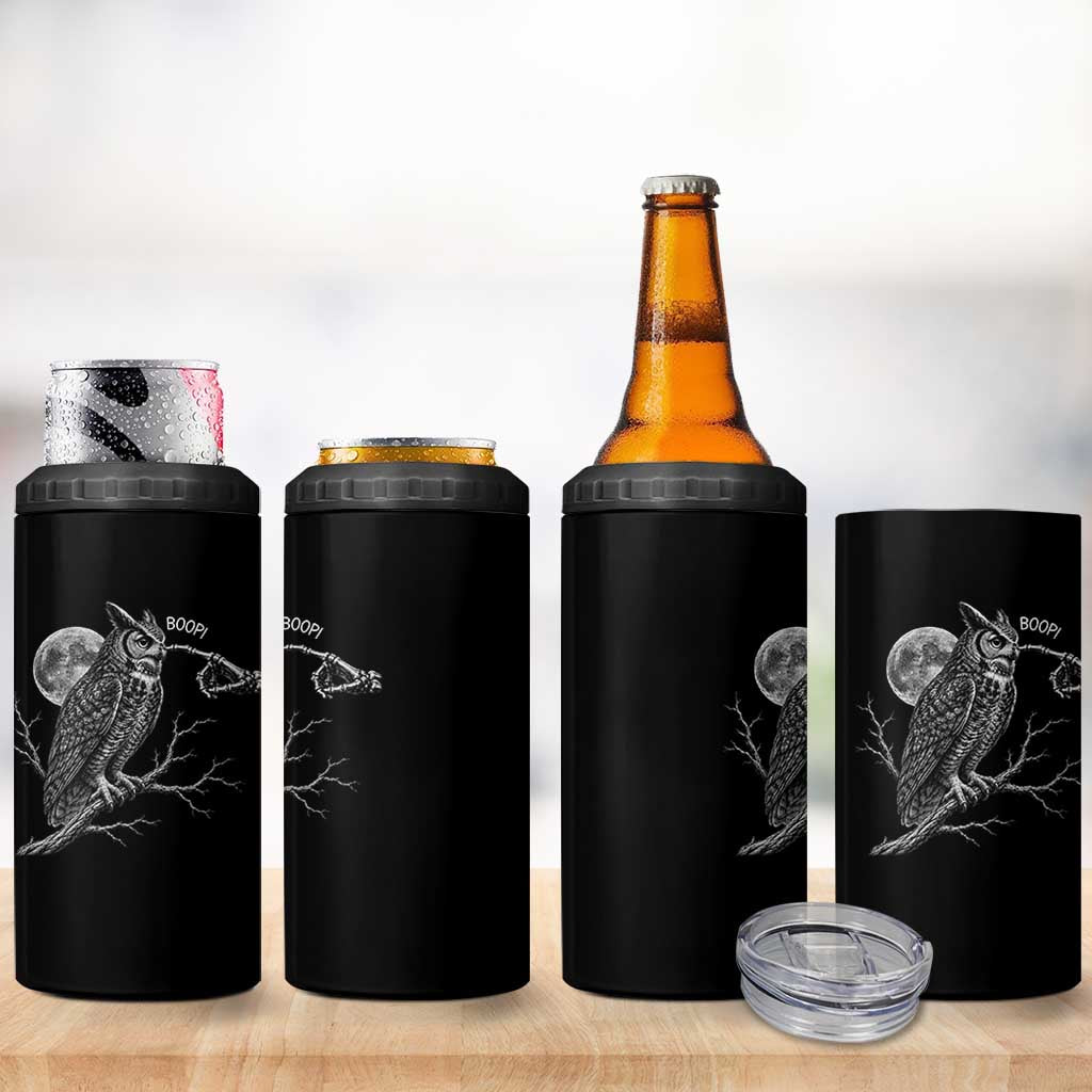 Skeleton Hand Boop Owl 4 in 1 Can Cooler Tumbler Funny Spooky Halloween Moon Graphic