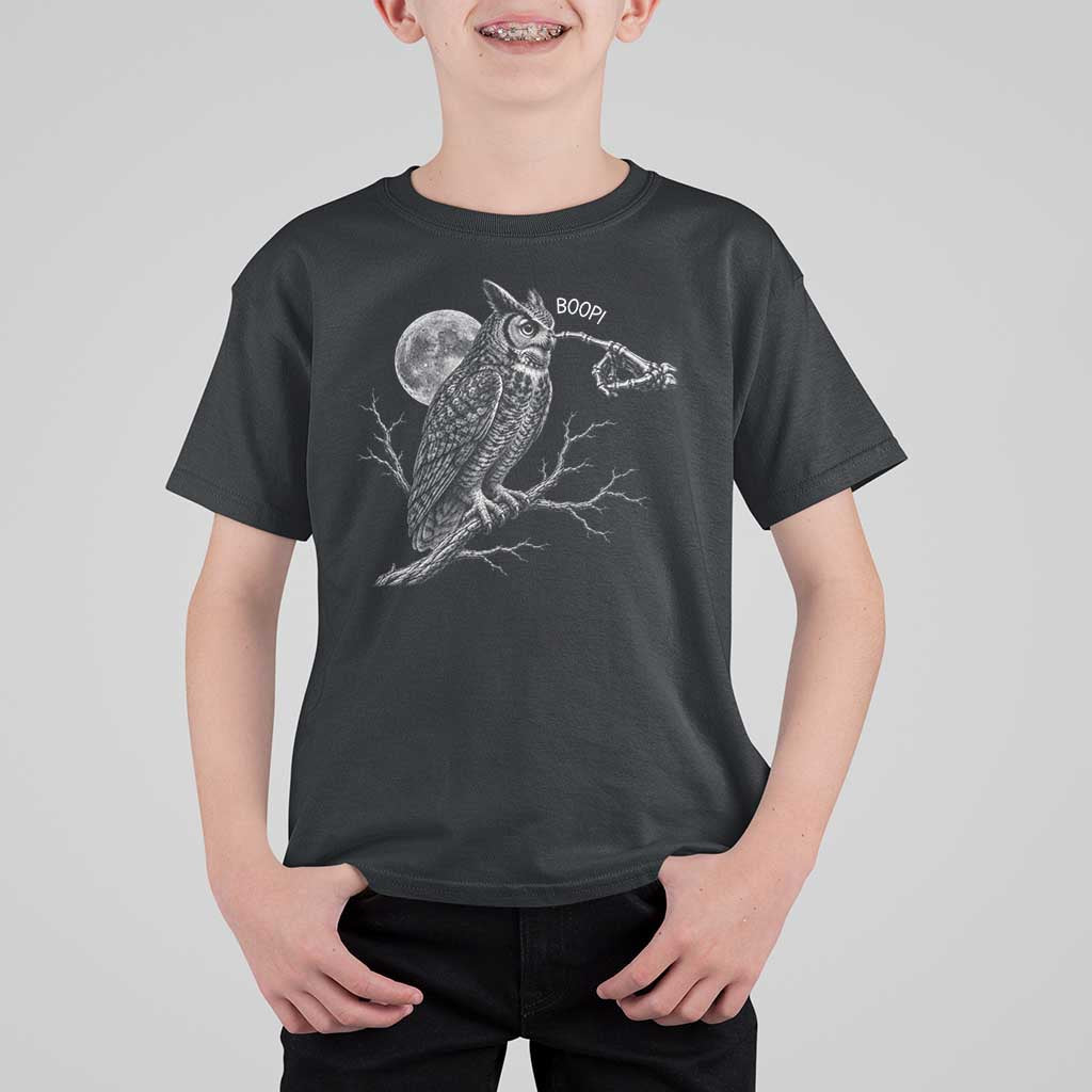 Skeleton Hand Boop Owl T Shirt For Kid Funny Spooky Halloween Moon Graphic