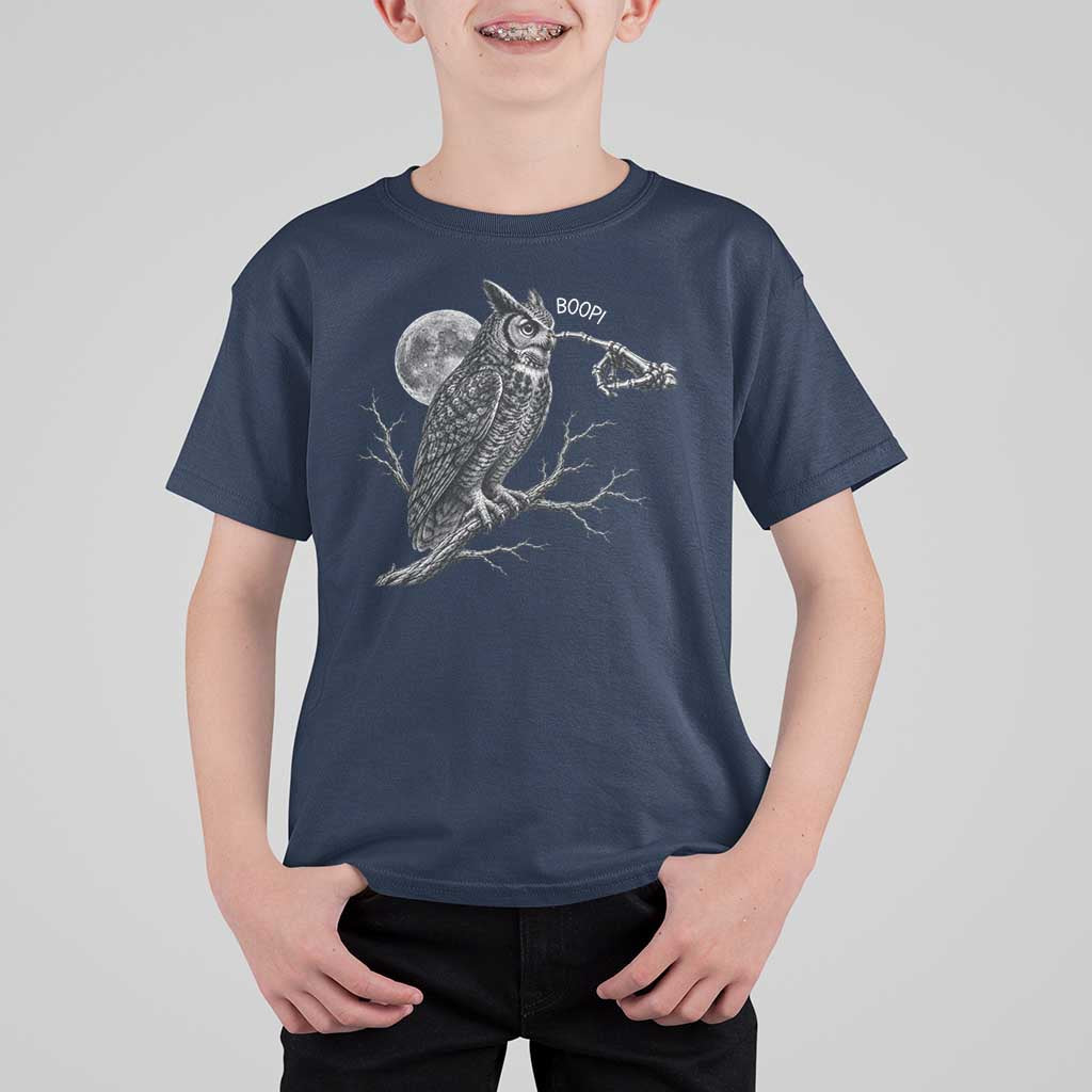 Skeleton Hand Boop Owl T Shirt For Kid Funny Spooky Halloween Moon Graphic