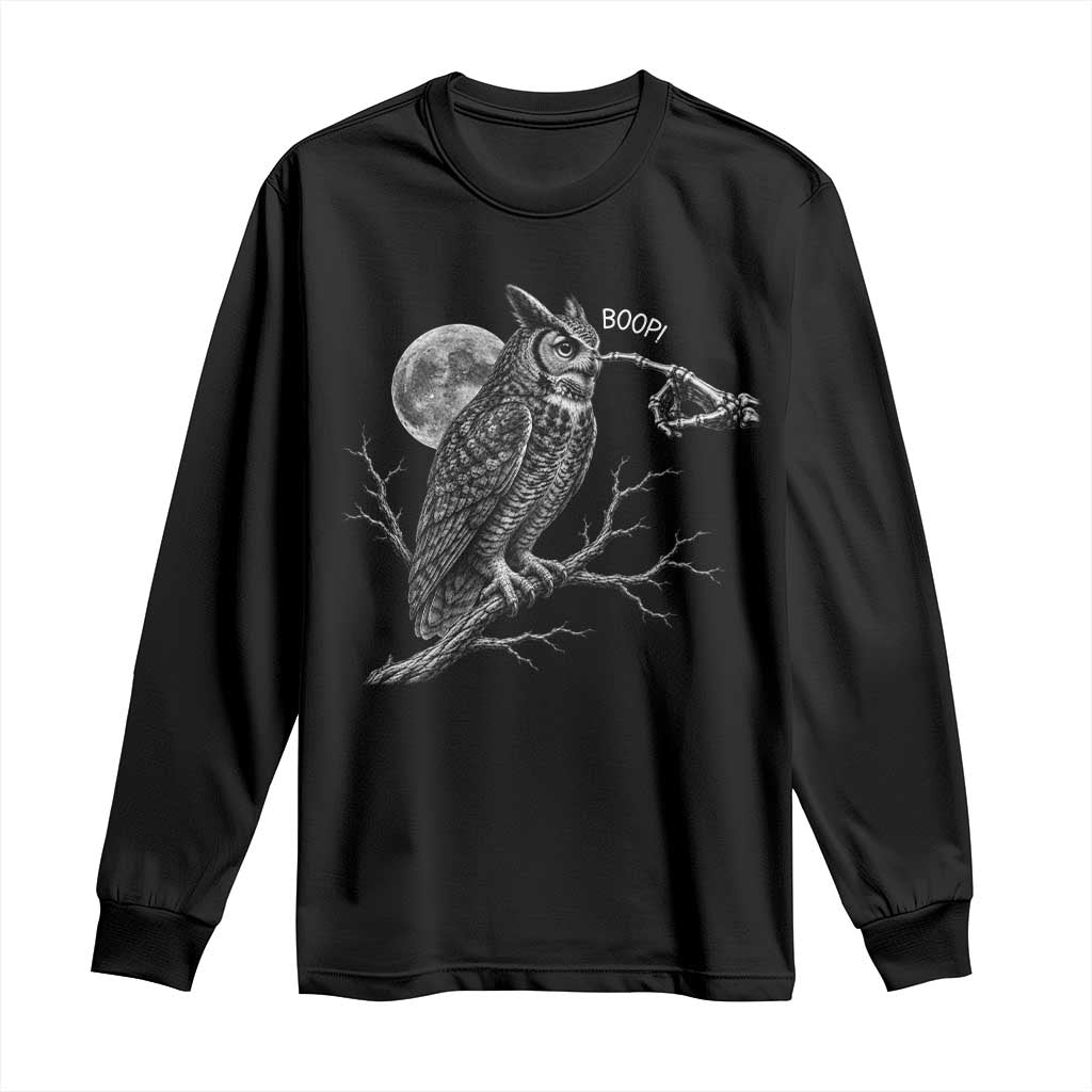 Skeleton Hand Boop Owl Long Sleeve Shirt Funny Spooky Halloween Moon Graphic