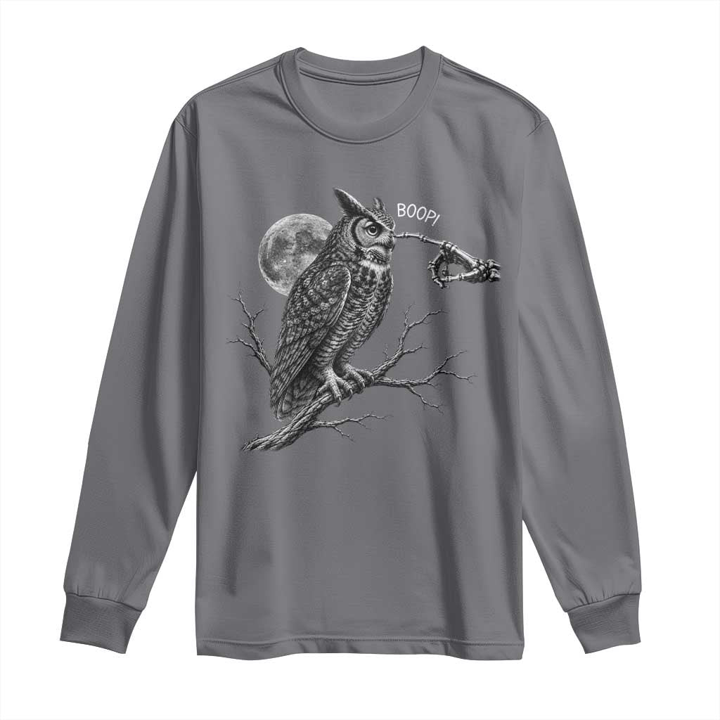 Skeleton Hand Boop Owl Long Sleeve Shirt Funny Spooky Halloween Moon Graphic