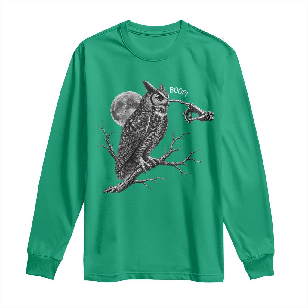 Skeleton Hand Boop Owl Long Sleeve Shirt Funny Spooky Halloween Moon Graphic