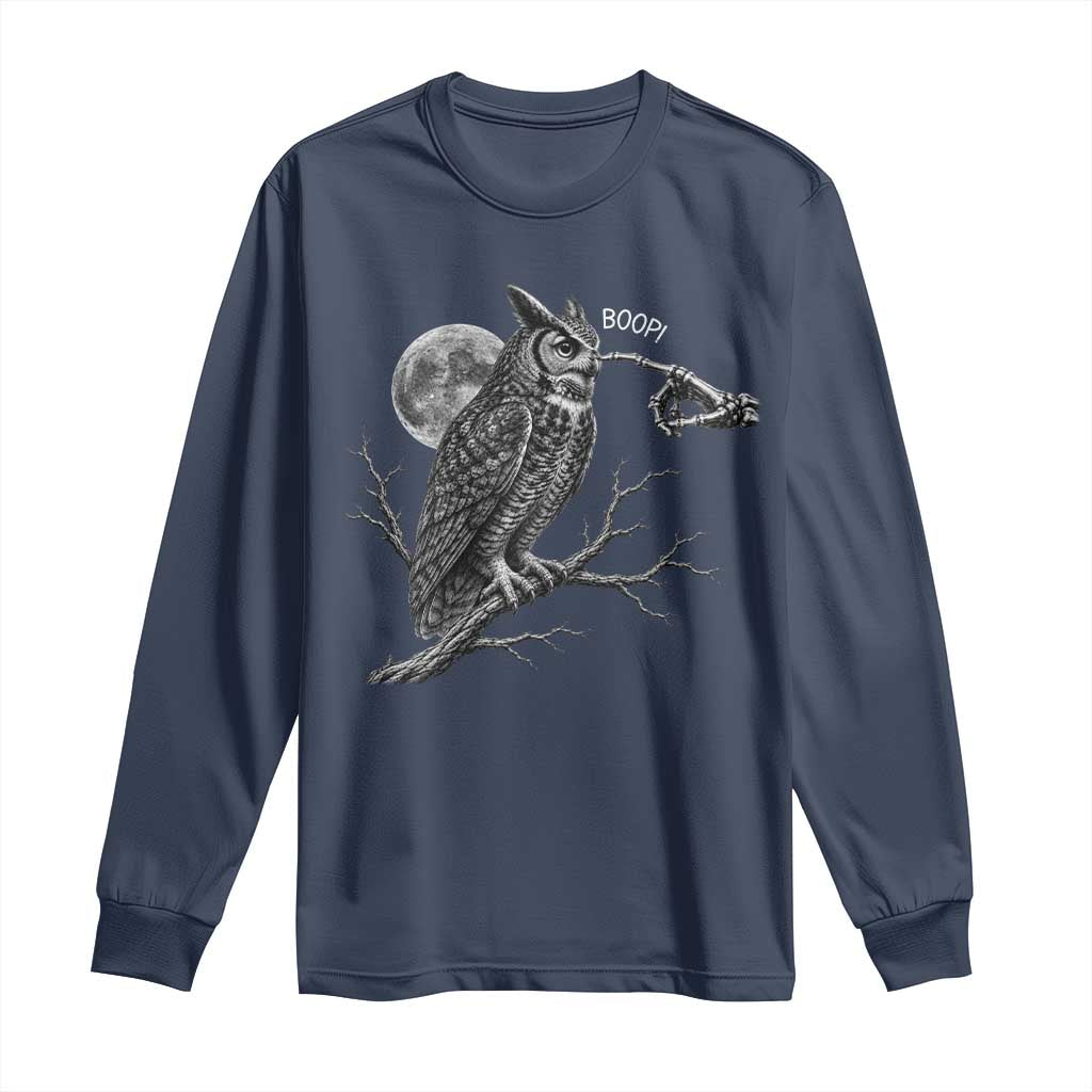 Skeleton Hand Boop Owl Long Sleeve Shirt Funny Spooky Halloween Moon Graphic