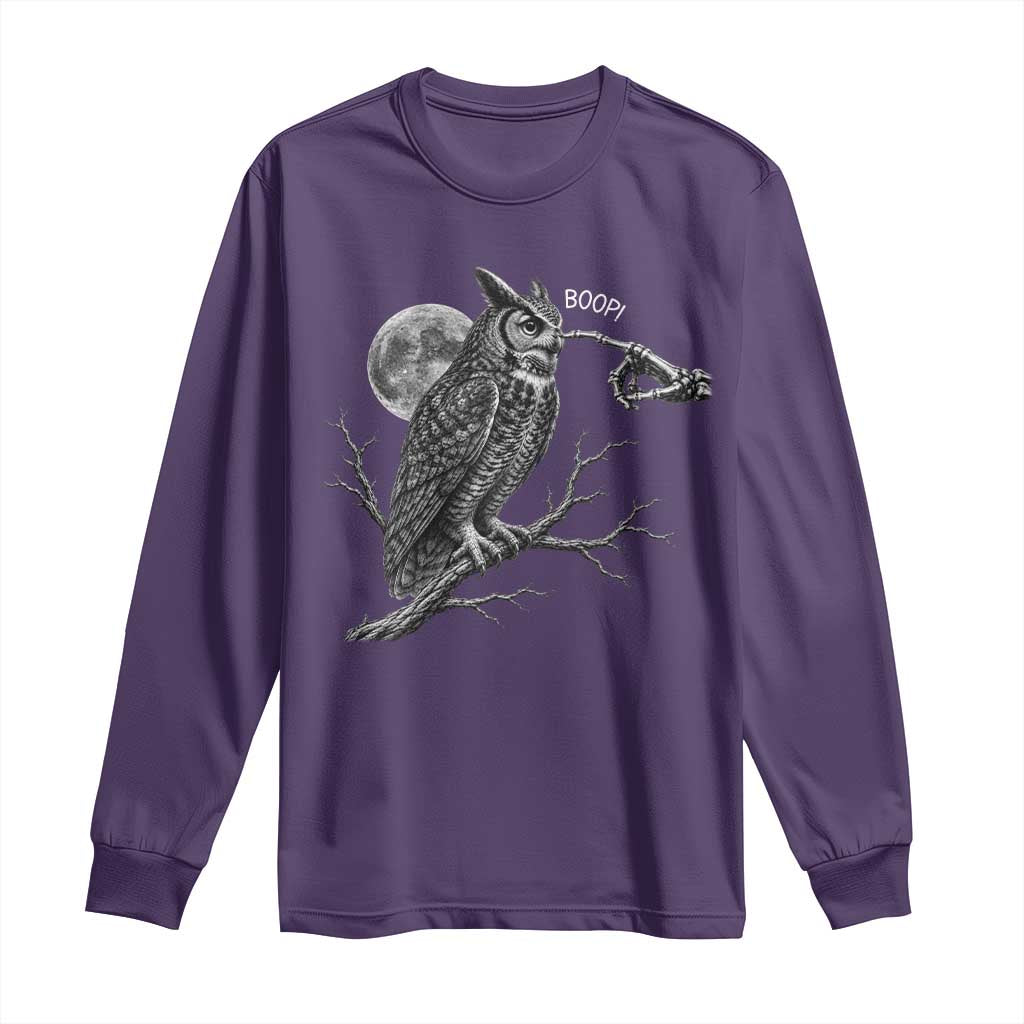 Skeleton Hand Boop Owl Long Sleeve Shirt Funny Spooky Halloween Moon Graphic