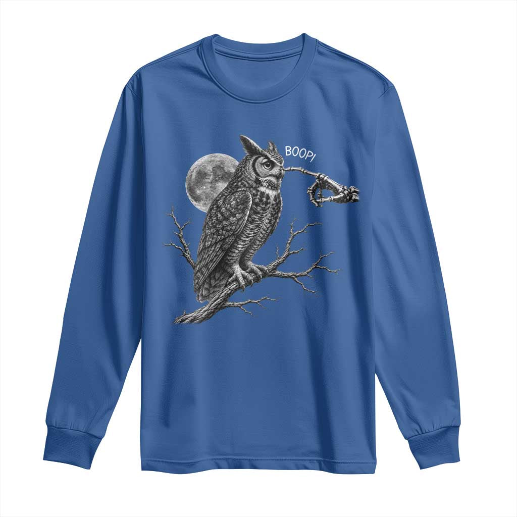 Skeleton Hand Boop Owl Long Sleeve Shirt Funny Spooky Halloween Moon Graphic