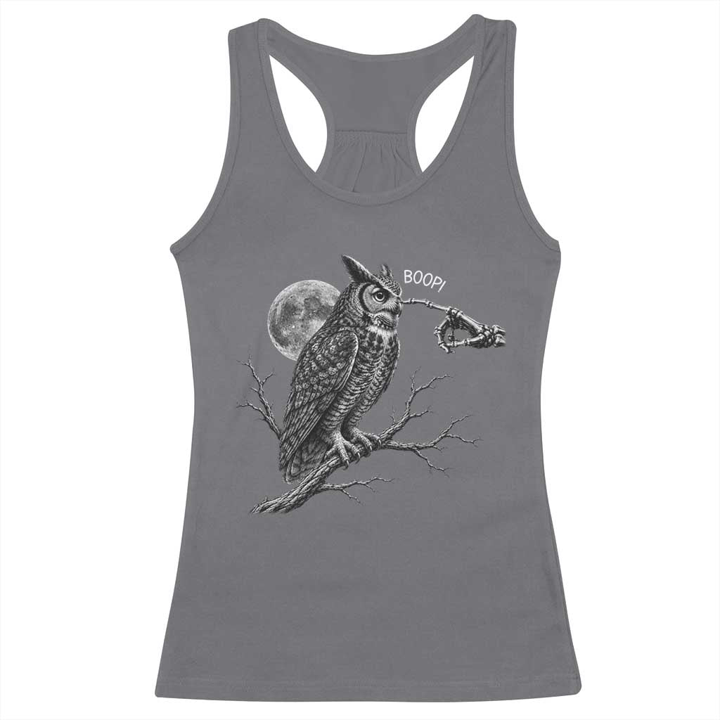 Skeleton Hand Boop Owl Racerback Tank Top Funny Spooky Halloween Moon Graphic