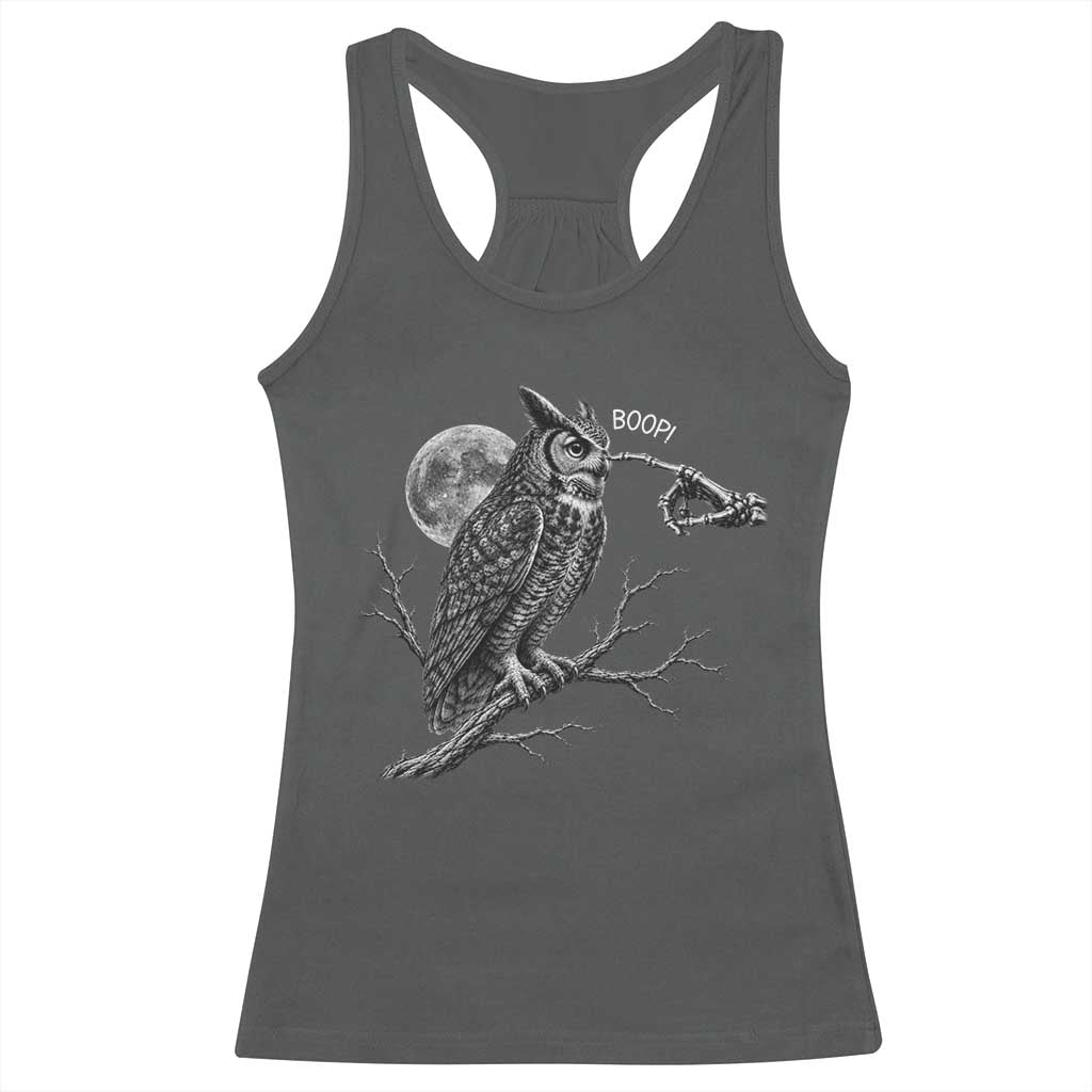Skeleton Hand Boop Owl Racerback Tank Top Funny Spooky Halloween Moon Graphic
