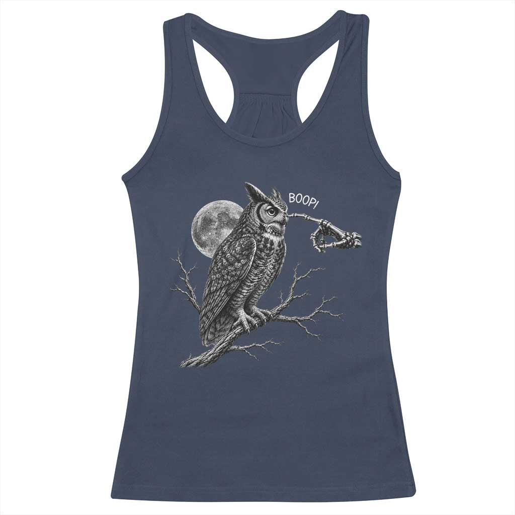 Skeleton Hand Boop Owl Racerback Tank Top Funny Spooky Halloween Moon Graphic