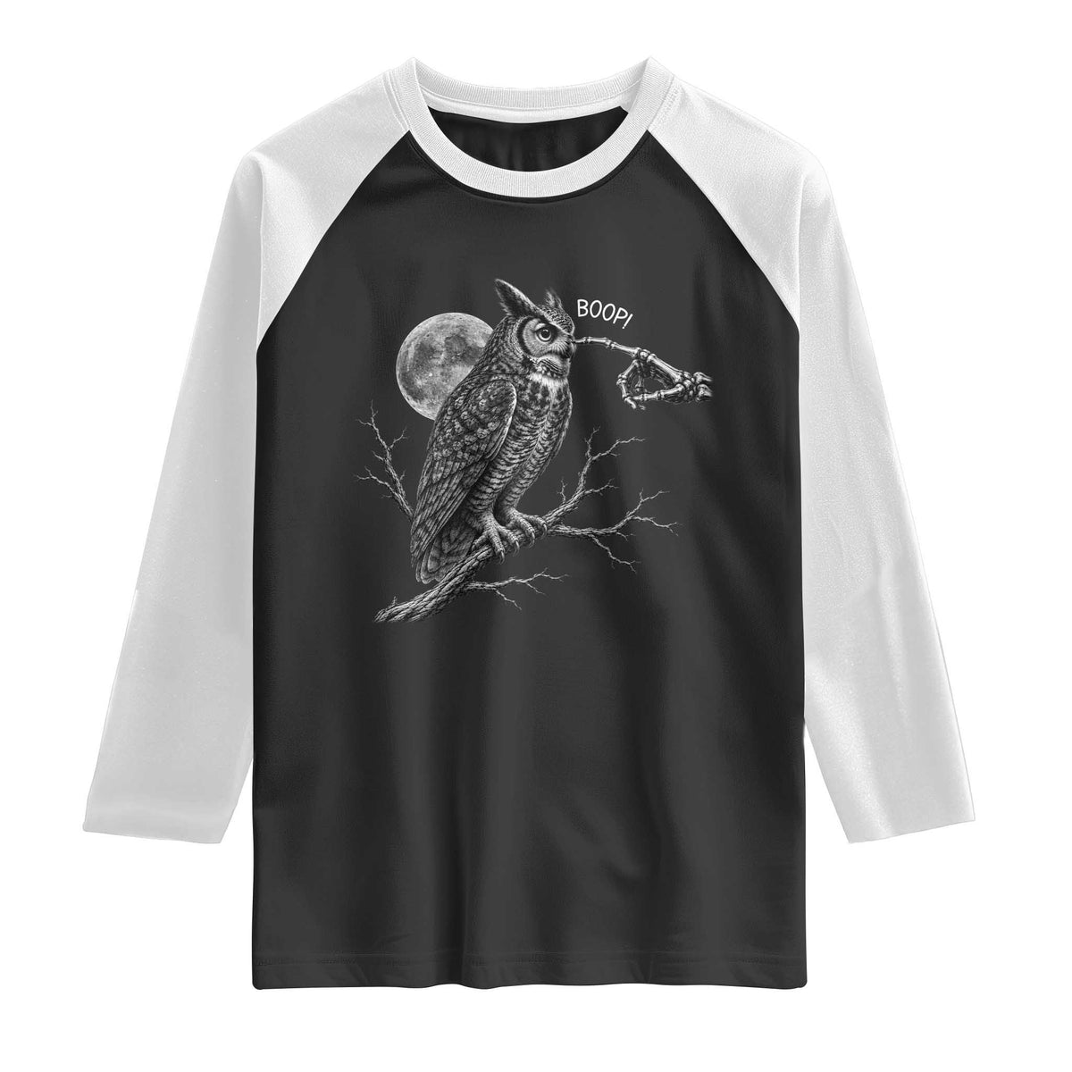 Skeleton Hand Boop Owl Raglan Shirt Funny Spooky Halloween Moon Graphic