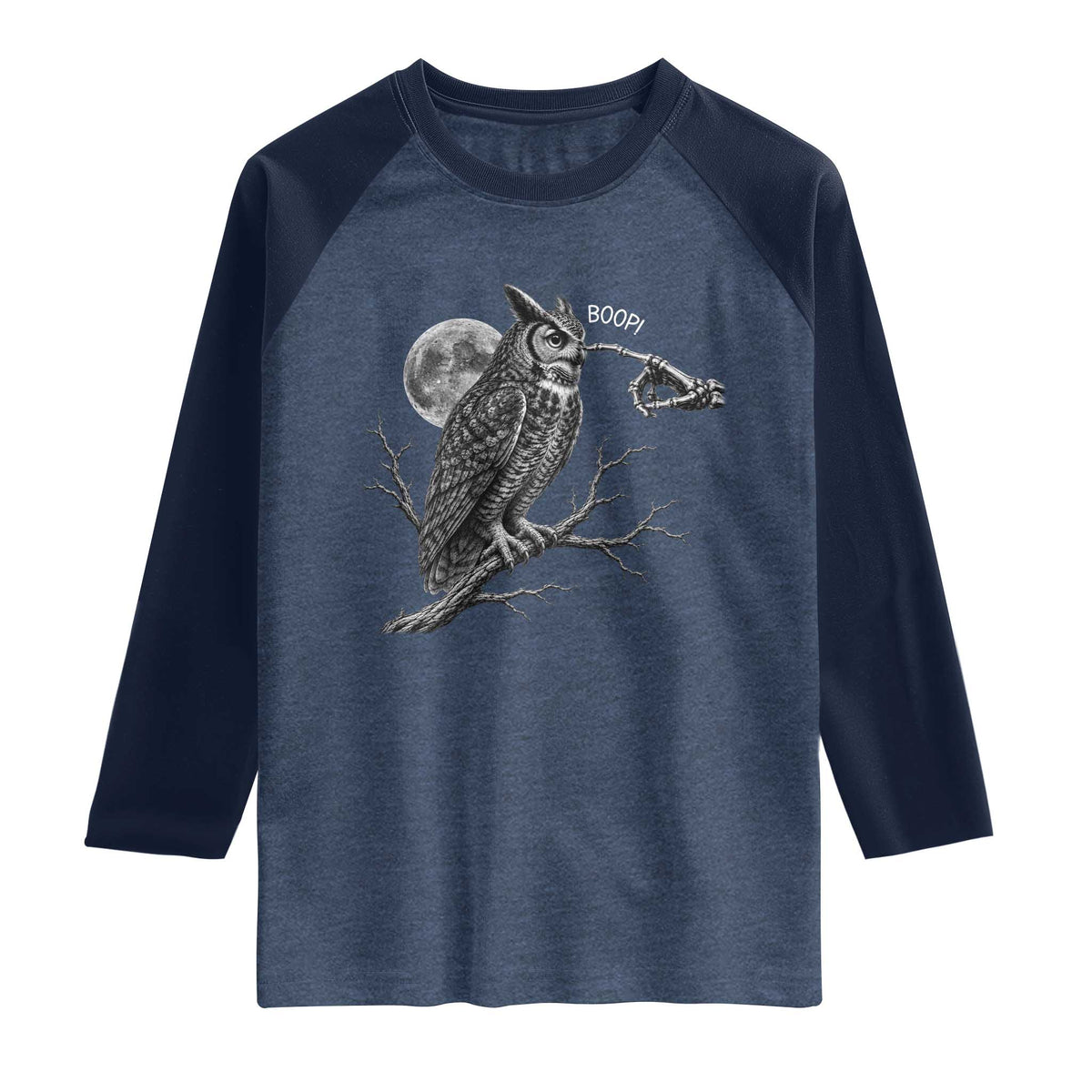 Skeleton Hand Boop Owl Raglan Shirt Funny Spooky Halloween Moon Graphic