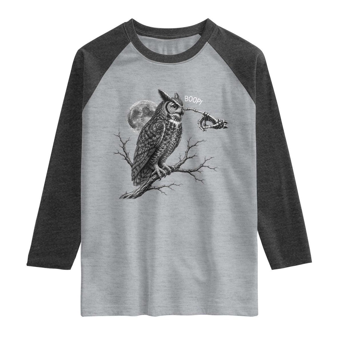 Skeleton Hand Boop Owl Raglan Shirt Funny Spooky Halloween Moon Graphic