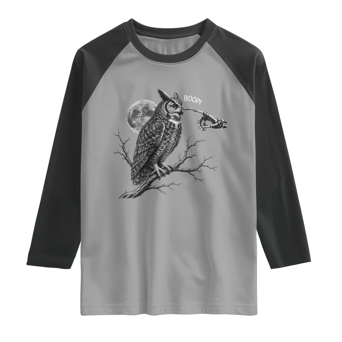 Skeleton Hand Boop Owl Raglan Shirt Funny Spooky Halloween Moon Graphic