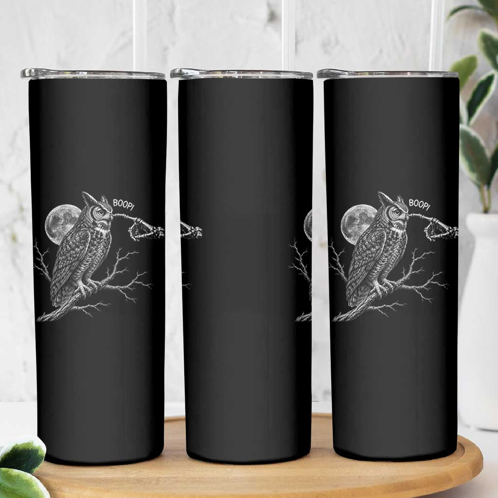 Skeleton Hand Boop Owl Skinny Tumbler Funny Spooky Halloween Moon Graphic
