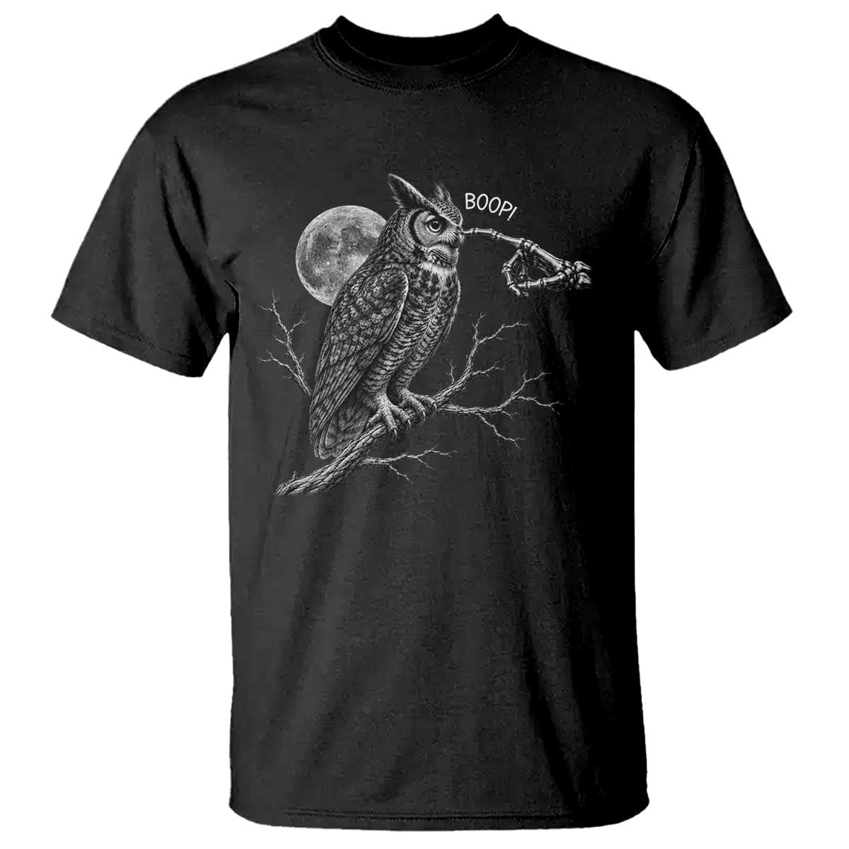 Skeleton Hand Boop Owl T Shirt Funny Spooky Halloween Moon Graphic