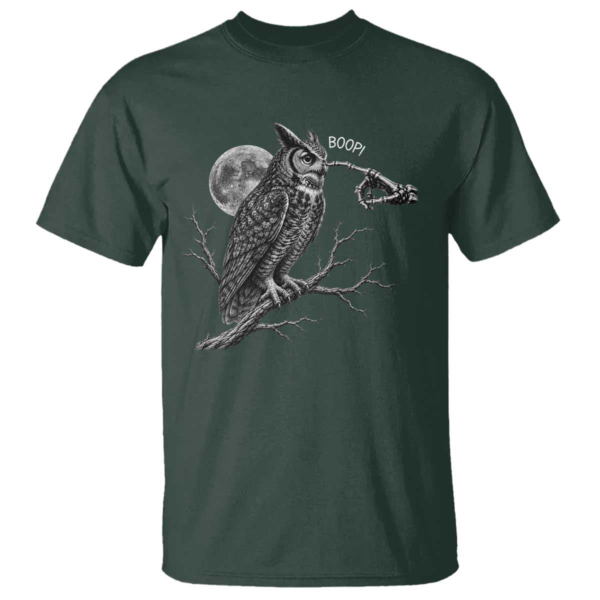 Skeleton Hand Boop Owl T Shirt Funny Spooky Halloween Moon Graphic
