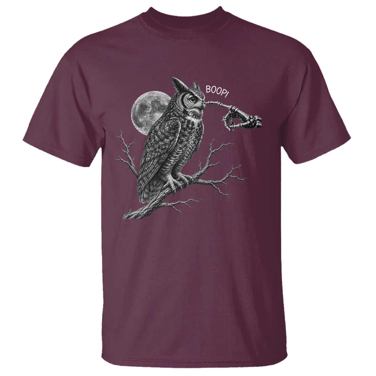 Skeleton Hand Boop Owl T Shirt Funny Spooky Halloween Moon Graphic