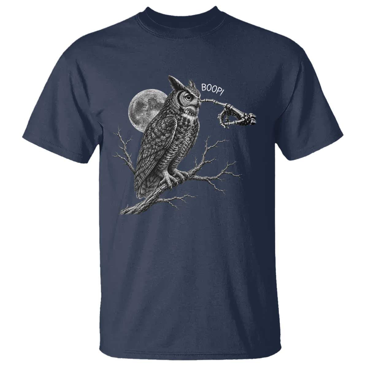 Skeleton Hand Boop Owl T Shirt Funny Spooky Halloween Moon Graphic