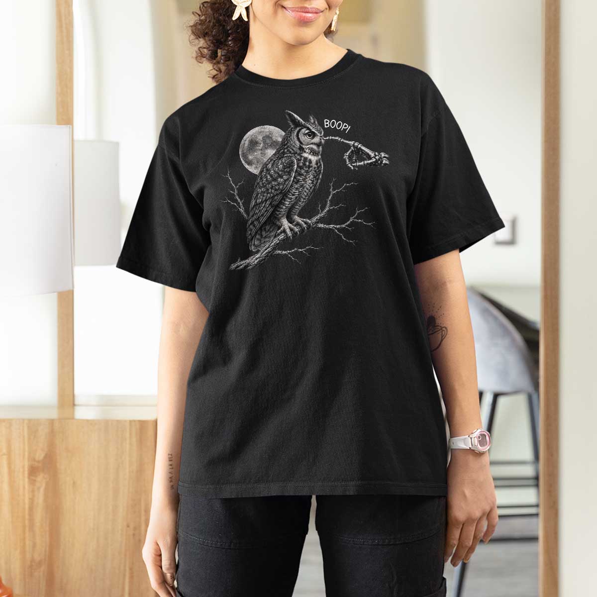 Skeleton Hand Boop Owl T Shirt For Women Funny Spooky Halloween Moon Graphic