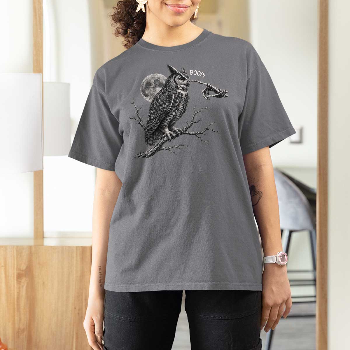 Skeleton Hand Boop Owl T Shirt For Women Funny Spooky Halloween Moon Graphic