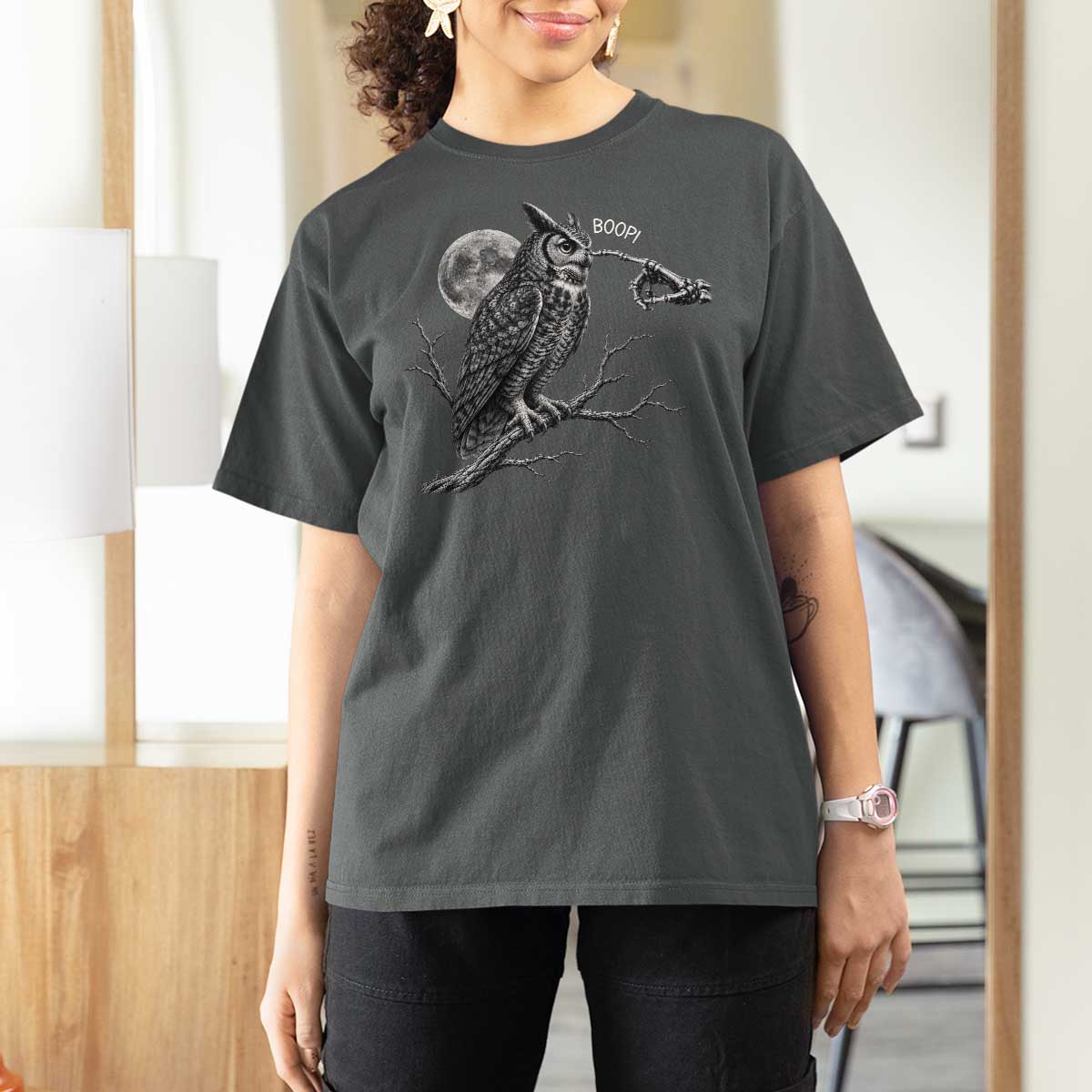 Skeleton Hand Boop Owl T Shirt For Women Funny Spooky Halloween Moon Graphic