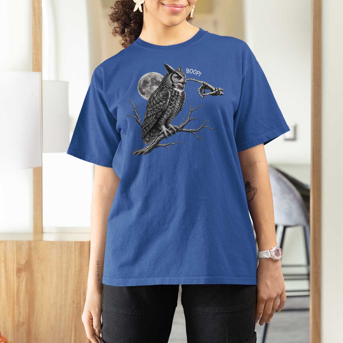 Skeleton Hand Boop Owl T Shirt For Women Funny Spooky Halloween Moon Graphic