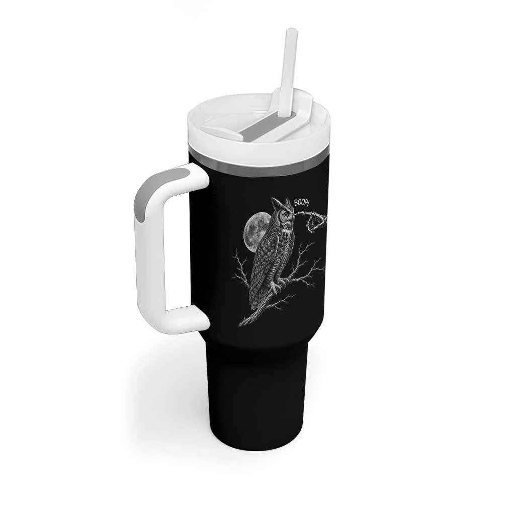 Skeleton Hand Boop Owl Tumbler With Handle Funny Spooky Halloween Moon Graphic