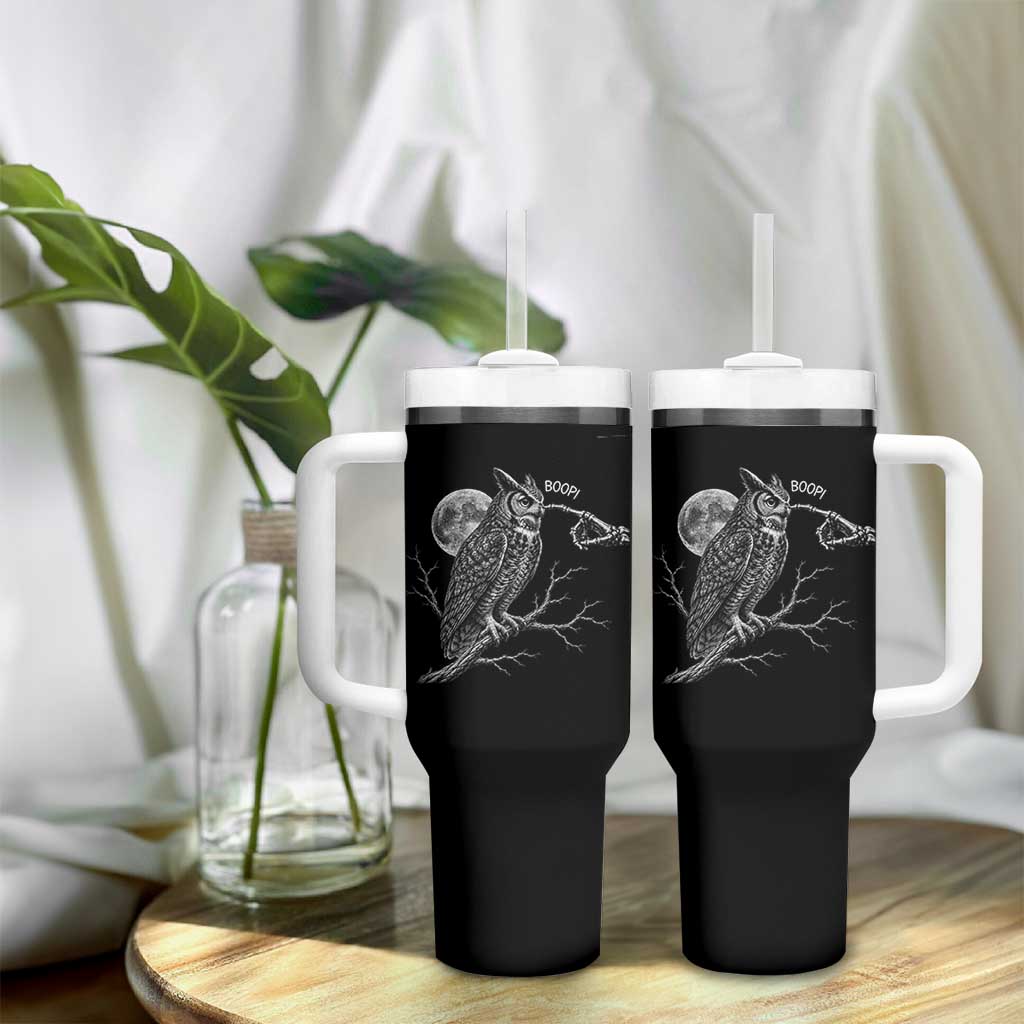 Skeleton Hand Boop Owl Tumbler With Handle Funny Spooky Halloween Moon Graphic