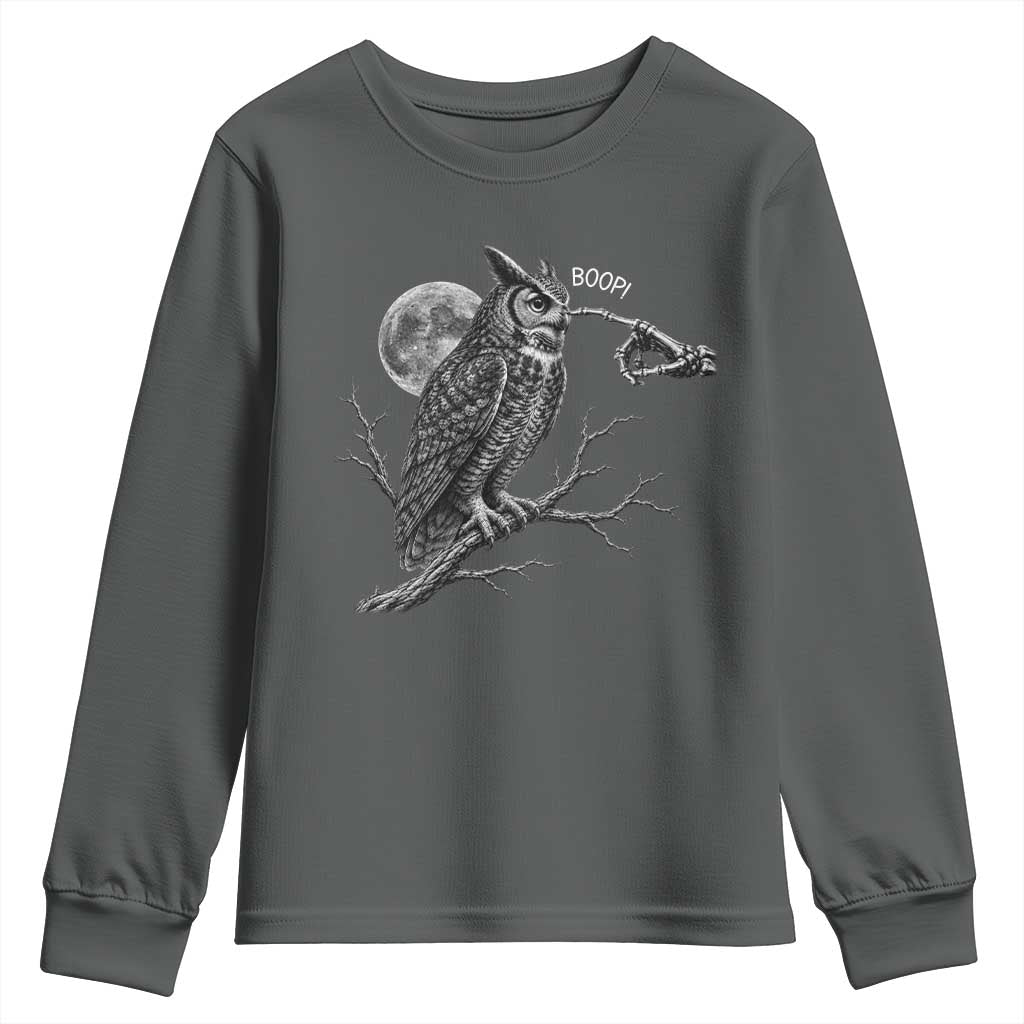 Skeleton Hand Boop Owl Youth Sweatshirt Funny Spooky Halloween Moon Graphic