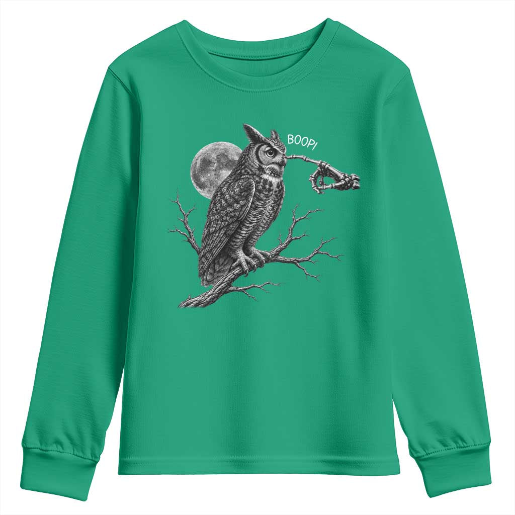 Skeleton Hand Boop Owl Youth Sweatshirt Funny Spooky Halloween Moon Graphic