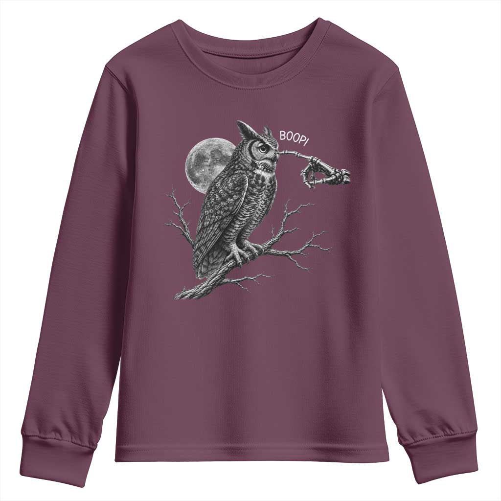 Skeleton Hand Boop Owl Youth Sweatshirt Funny Spooky Halloween Moon Graphic