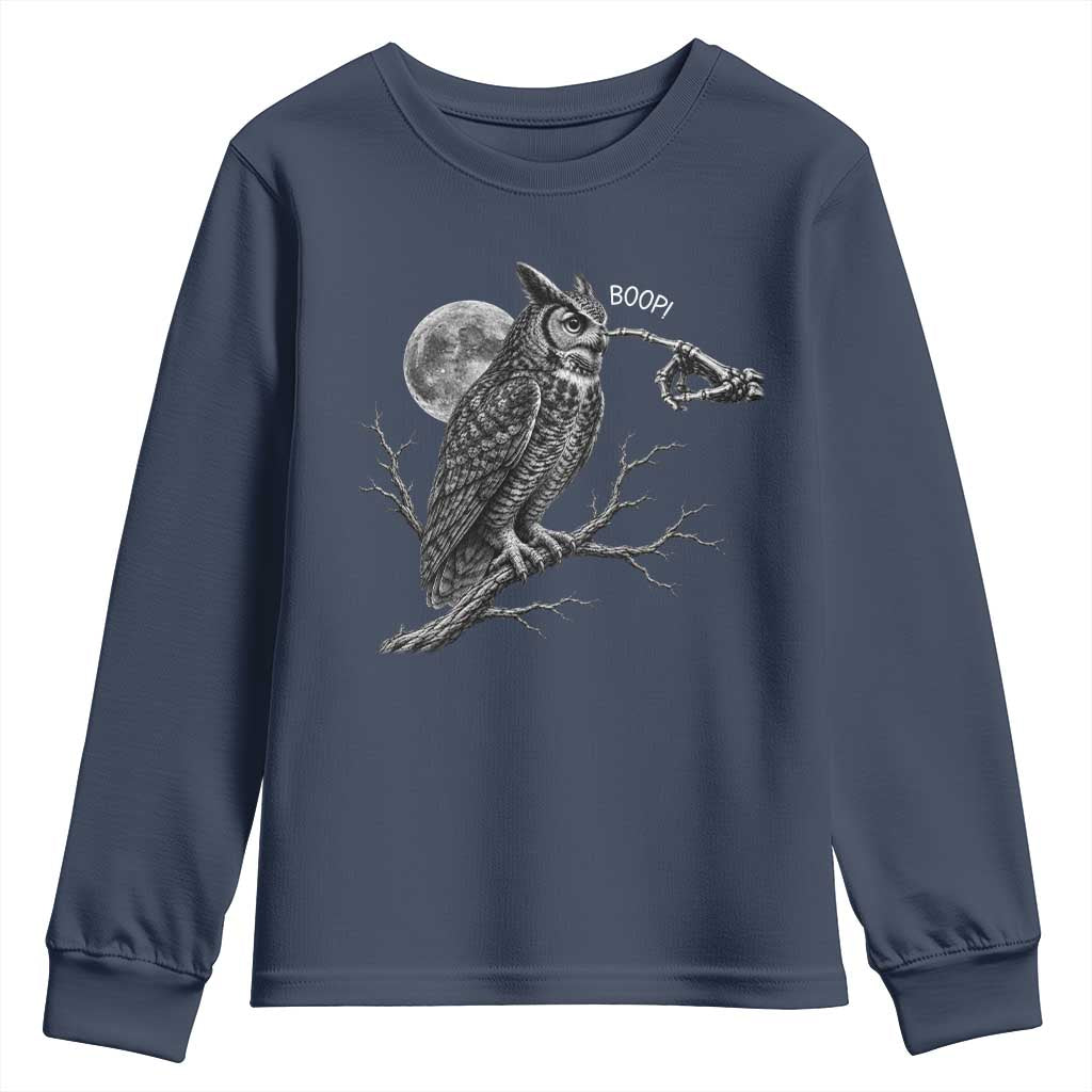 Skeleton Hand Boop Owl Youth Sweatshirt Funny Spooky Halloween Moon Graphic