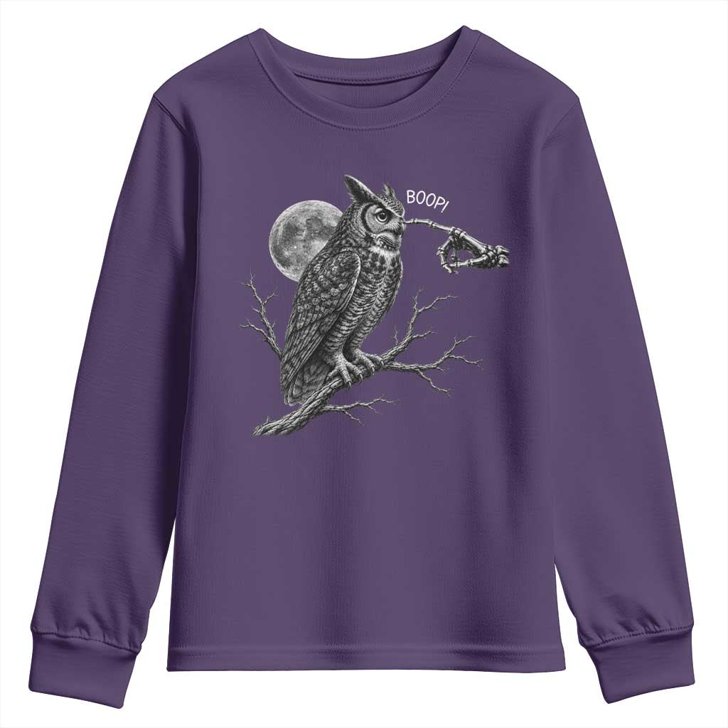 Skeleton Hand Boop Owl Youth Sweatshirt Funny Spooky Halloween Moon Graphic